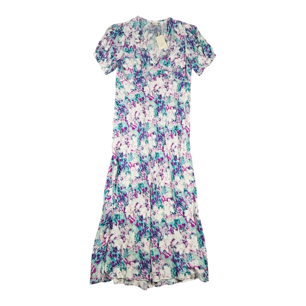 A New Day Maxi Dress Womens L Purple Teal Abstract Ikat V-Neck Short Sleeve